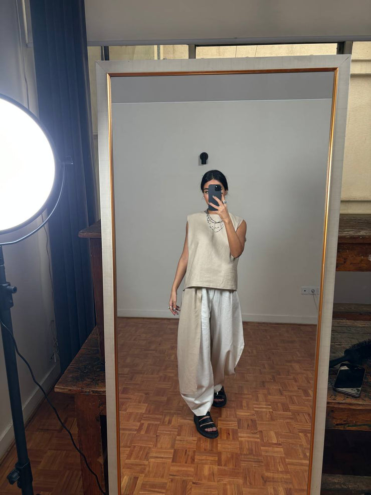 Beige Layered Linen Asymmetrical Top
