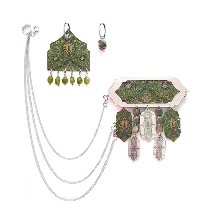 Green Vaqar Earring & Brooch