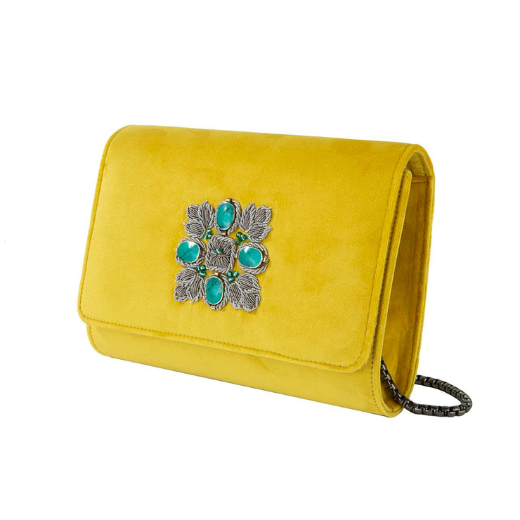 Yellow Velvet Classic Clutch with Sermeh Embroidery
