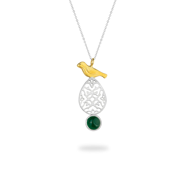 Silver Green Agate Bird Necklace with Persian Pattern