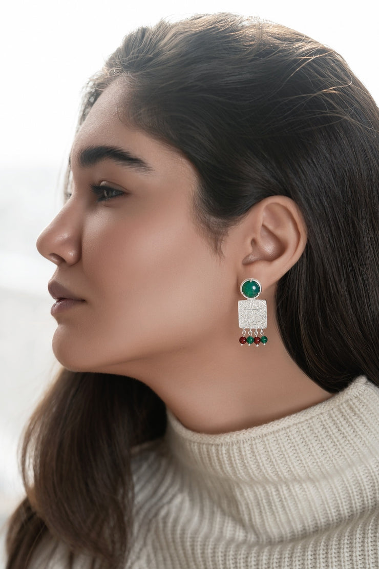 Silver Square Persian Coin Earrings with Green and Red Agate Drops