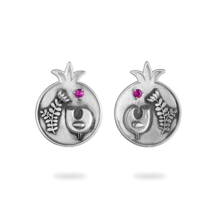 Silver Pomegranate Earrings with Bird and Flower