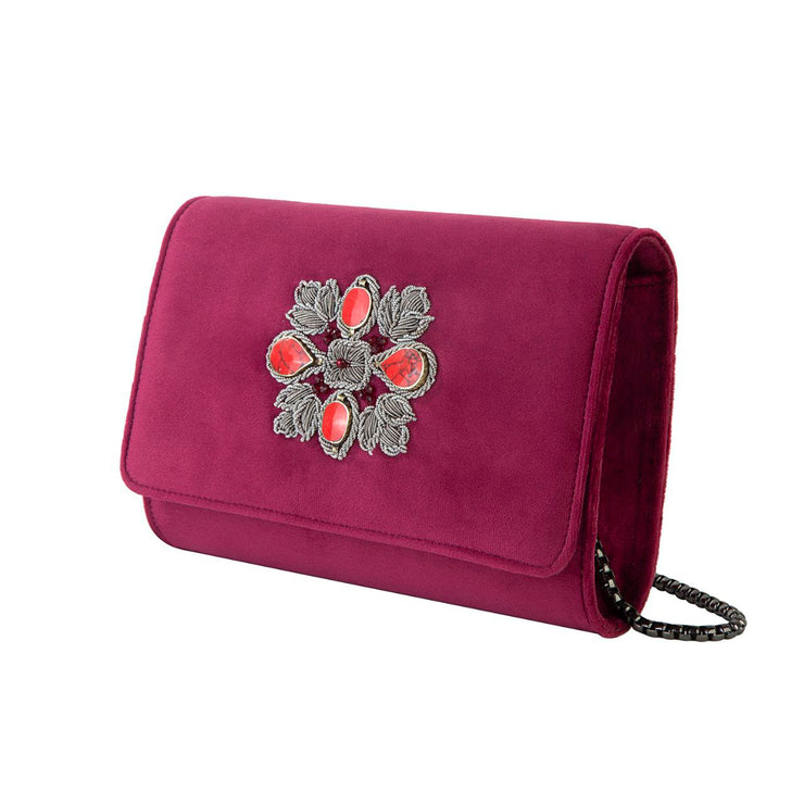 Red Velvet Classic Clutch with Sermeh Embroidery