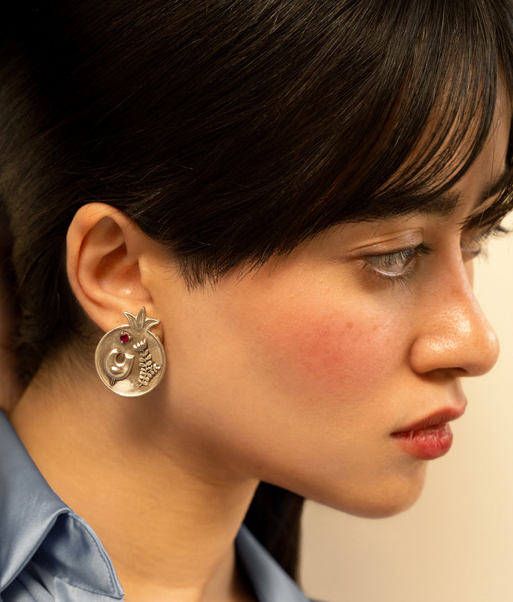 Silver Pomegranate Earrings with Bird and Flower