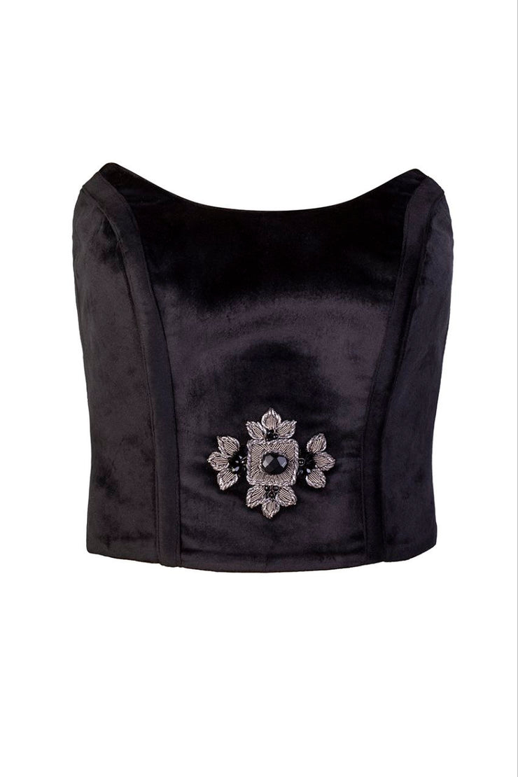 Black Crown Crop Top with Sermeh Embroidery