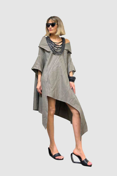 Short Sleeve Grey Linen Dress