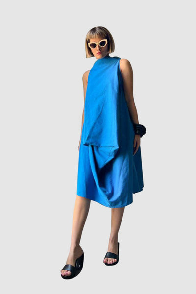Blue Linen Midi Dress with Folded Draping