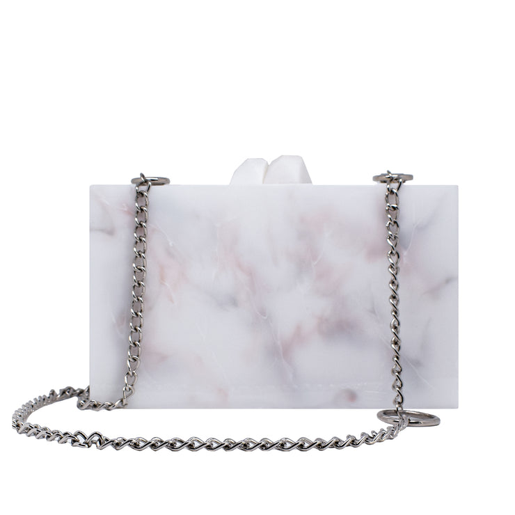 White Classic Marble Clutch with Pink and Gray Veins and Silver Chain - Shop New fashion designer clothing, shoes, bags & Accessories online - KÖWLI SHOP