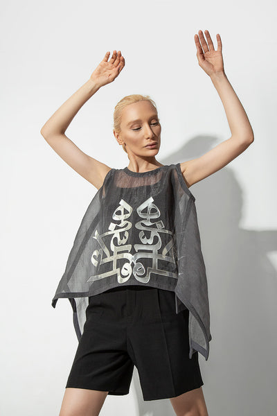 Grey Organza Persian Typography Tops - Shop New fashion designer clothing, shoes, bags & Accessories online - KÖWLI SHOP