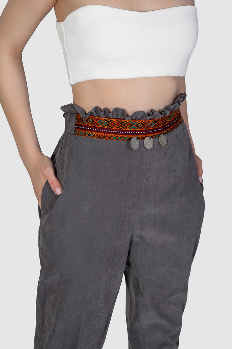 Grey Embroidered Pleat Trousers - Shop New fashion designer clothing, shoes, bags & Accessories online - KÖWLI SHOP