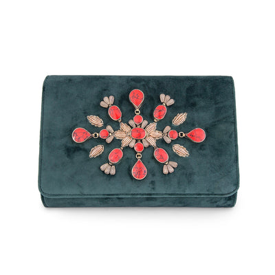Green Velvet Classic Clutch with Orange Sermeh Embroidery - Shop New fashion designer clothing, shoes, bags & Accessories online - KÖWLI SHOP