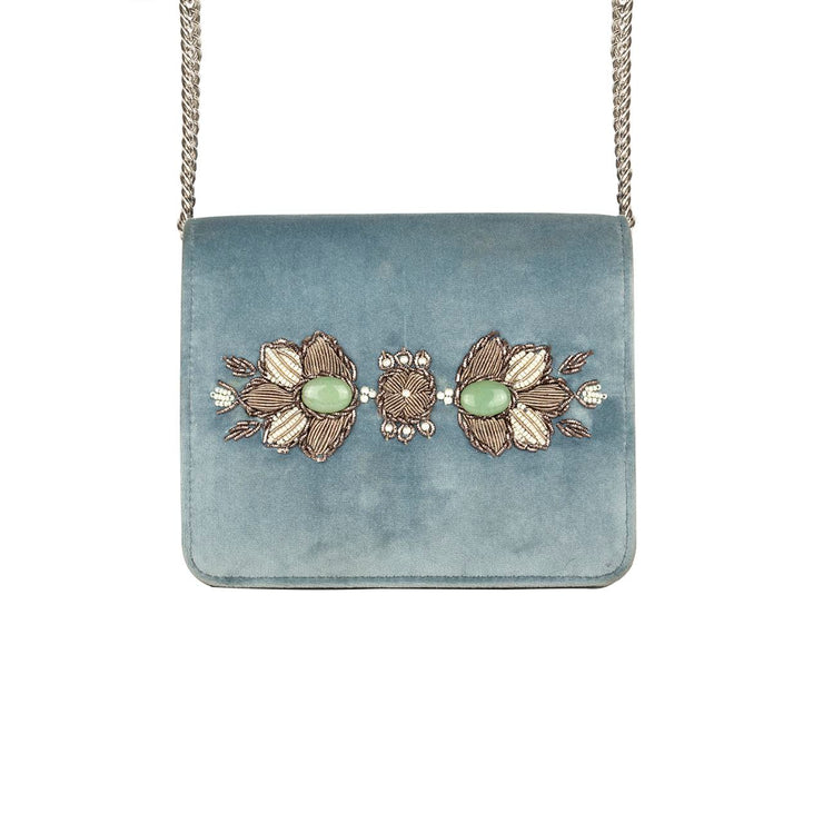 Light Blue Velvet Classic Clutch with Sermeh Embroidery