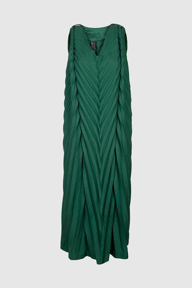Green Solid Pleated Dress