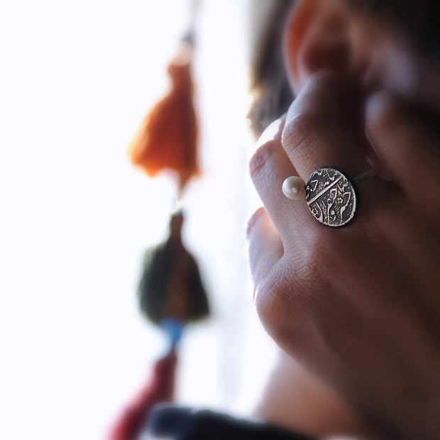 Silver Vintage Qajar Coin Ring with Pearl, Adjustable (Free Size)