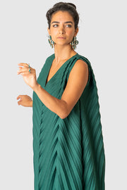Green Solid Pleated Dress