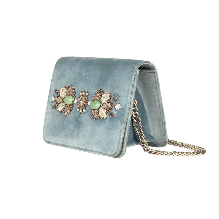 Light Blue Velvet Classic Clutch with Sermeh Embroidery