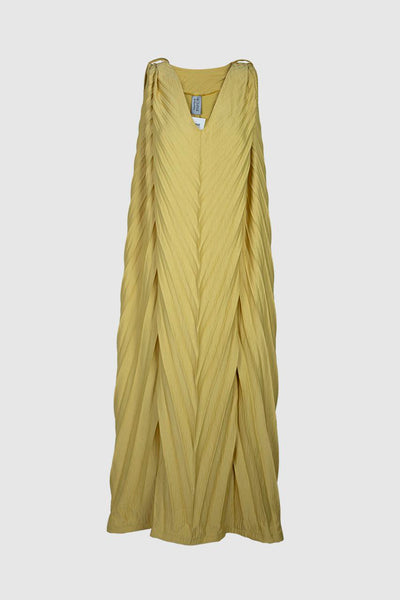 Yellow Solid Pleated Dress